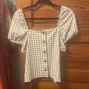Madewell Tan Gingham Puff Sleeve Blouse